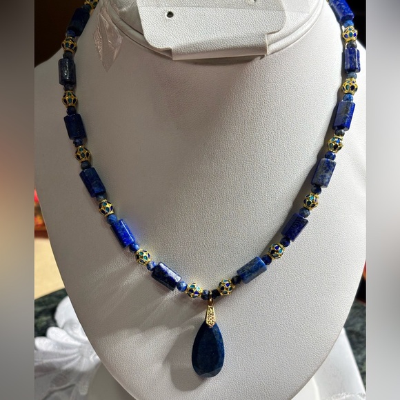 Handmade Lapis Lazuli Necklace with Blue Cloisonné beads 16.5 in - Picture 4 of 7